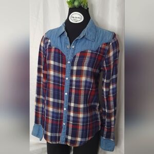 Hippie Laundry Western Plaid Lined Denim & Flannel Shirt Size Medium 100% Cotton